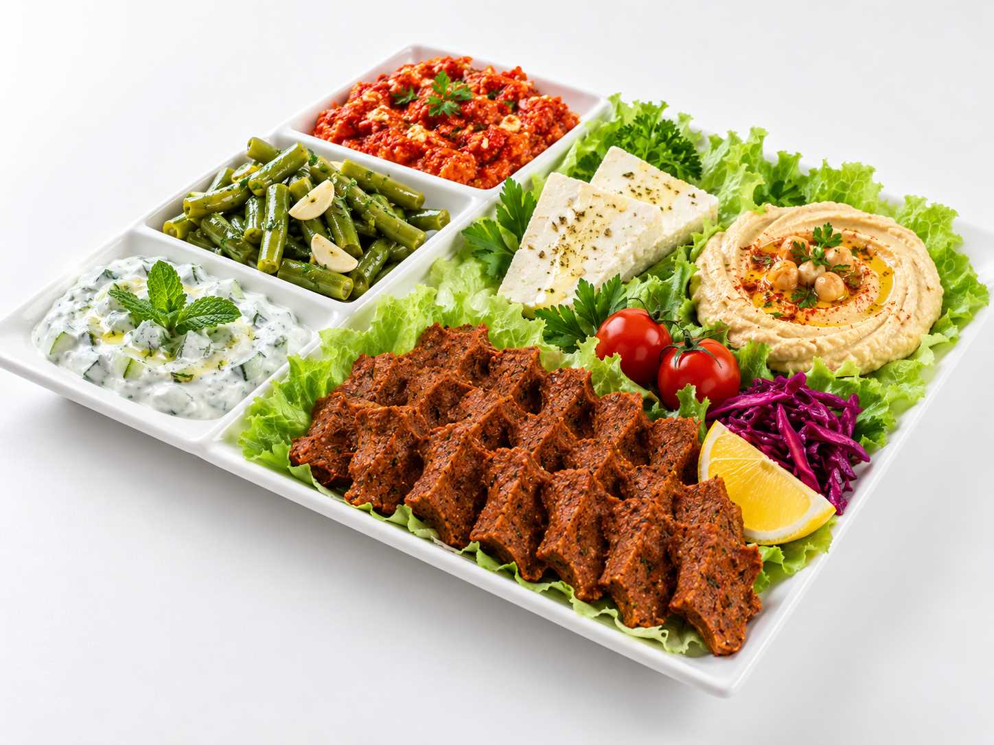 Cacık, börülce salatası, feta peynirli ajvar, çiğköfte, humus ve feta peynirinden oluşan meze tabağı.
