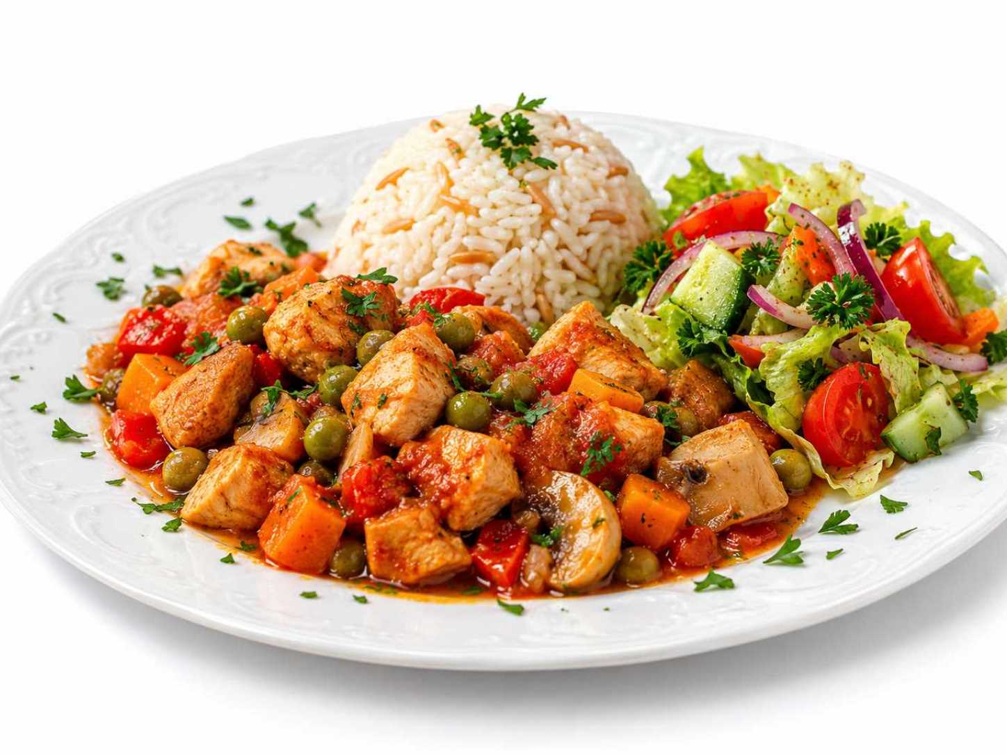 Hindi tas kebabı, beyaz pilav ve salata ile servis edilen catering menüsü.