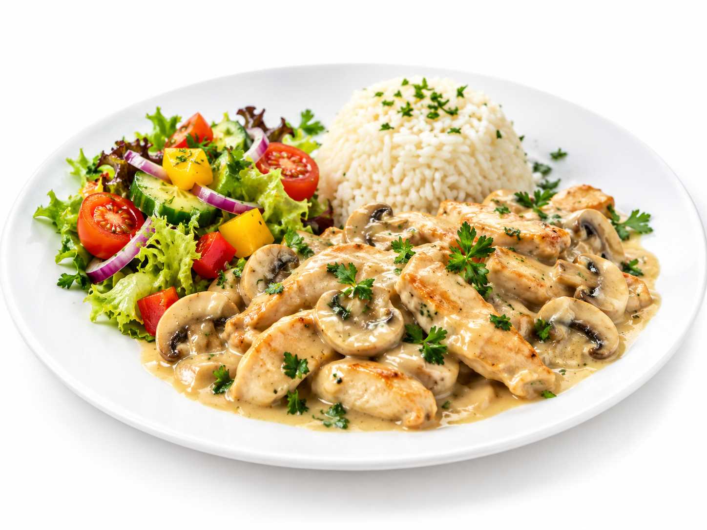 Mantar soslu hindi sote, beyaz pilav ve salata ile servis edilen düğün menüsü.